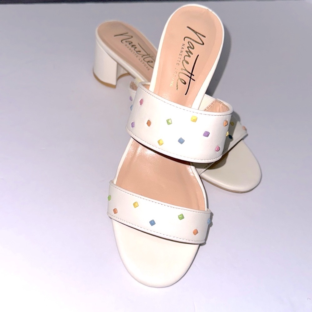Nanette Lepore White Drew Slide Sandals Size 9 Block Heel Pastel Studded